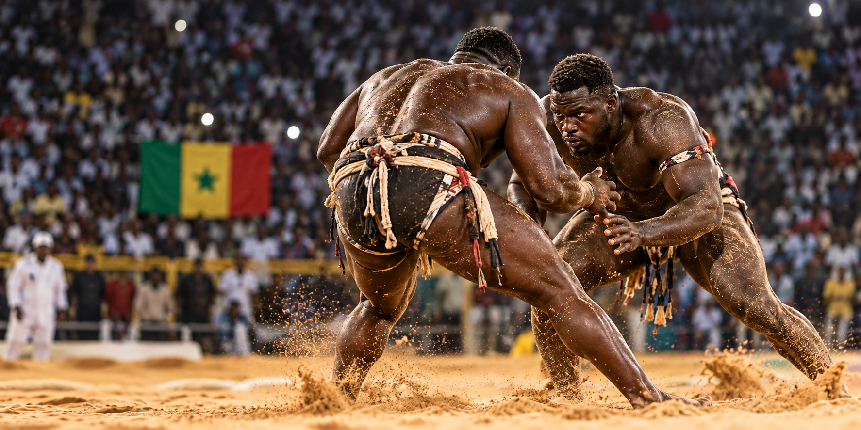 Deux lutteurs sénégalais en combat dans une arène animée